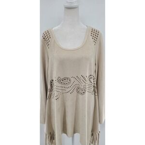 Faux‎ Suede Fringe Top Large Long Sleeve Laser Cutout Embellished Boho Western